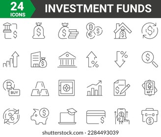 conjunto de 24 iconos de línea vectorial Fondos de inversión. Calificación crediticia. Contiene iconos como el de Courier en tipo de interés, gráfico de interés y más. Trazo editable