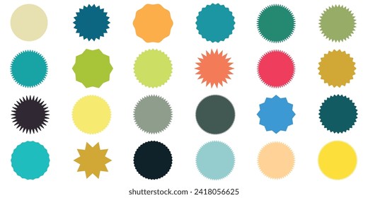 Set of 24 vector starburst, sunburst badges. Vintage labels. Colored stickers. A collection of different types and colors icon. Vector illustration. EPS file 24.