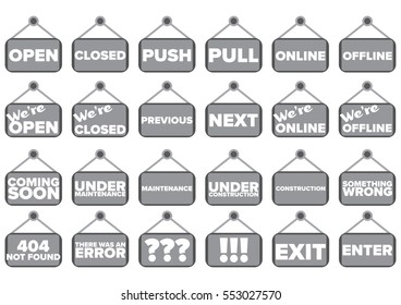 Set of  24 vector tags / icons. Contains words open,closed, push, pull, online, offline,previous, next, coming soon, under maintenance, under construction, error, enter and exit High quality icon set