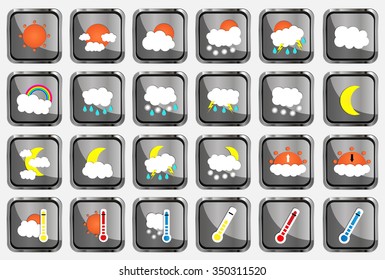 Set of 24 vector weather realistic metallic chrome flat square icons on white background. Vector illustration