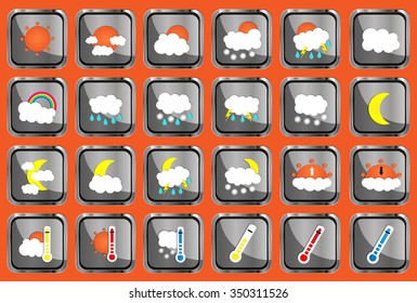 Set of 24 vector weather realistic metallic chrome flat square icons on orange background. Vector illustration