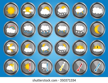 Set of 24 vector weather realistic metallic chrome flat round icons on sky background. Vector illustration