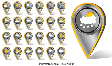 Set of 24 vector weather realistic metallic chrome flat hashtag icons on white background. Vector illustration