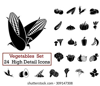 Set of 24 Vegetables Icons in Black Color. Suitable For All Kind of Design (Web Page, Interface, Advertising, Polygraph and Other). Vector Illustration. 