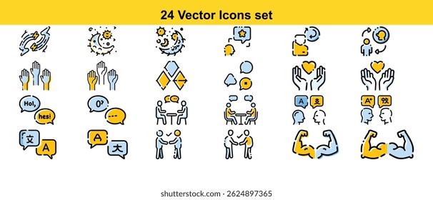 Set of 24 vibrant vector icons depicting communication, language learning, teamwork, positive emotions, and strength. Ideal for websites, apps, and presentations.