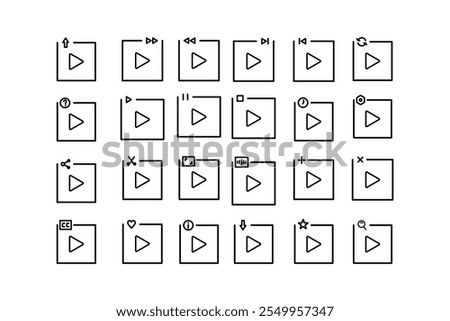 set of 24 video folder icons line, isolated on white editable background