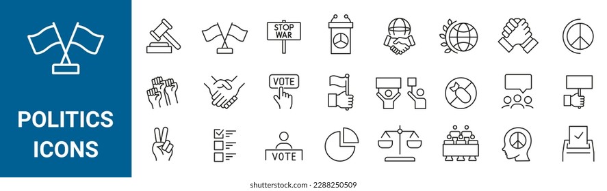 Set of 24 Voting Related Vector Line Icons. Raising Hands, Electronic voting and more. Editable Stroke