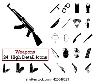 Set of 24 Weapon Icons in Black Color. Vector illustration. 