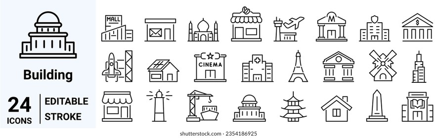 Set of 24 web icons Building in line style. Airport, Office, Hotel, Hospital, Insurance, town house, mall, coffee, . Vector illustration.