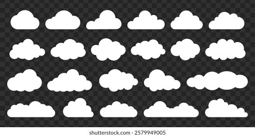 Set of 24 white cloud icons on a transparent background. Cloud shapes vary in size and form. Perfect for weather, sky, or design. Cloud icons for versatile use. Weather illustration, vector set.