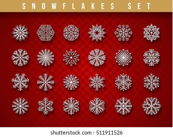 Set 24 white different snowflakes of handmade with long shadow. Snowflake Flat. New Year's symbols. Snowflakes for design. Winter objects. Festive elements. 