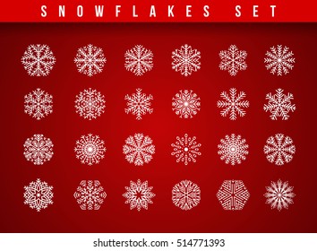 Set 24 white different snowflakes of handmade with long shadow. Snowflake Flat. New Year's symbols. Snowflakes for design. 