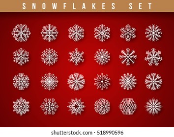 Set 24 white different snowflakes of handmade with long shadow.  New Year's symbols. Winter objects. Festive elements. 
