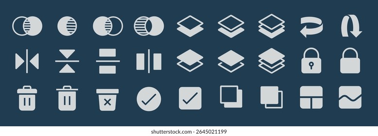Set of 24 white icons on a blue background. Icons include layers, locks, arrows, and trash cans. Icons for design, interface, and user experience. User interface icons, UI icon vector set.