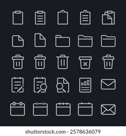 Set of 24 white outline icons on a black background, featuring clipboard, folder, trash can, document, and envelope symbols. Simple and minimalistic design. User interface icons, UI icon vector set.