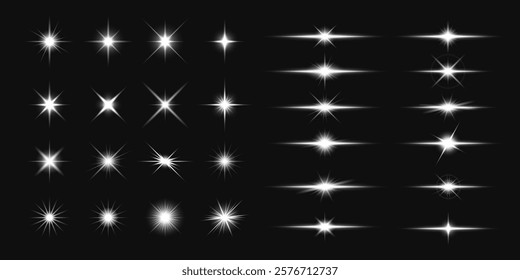 Set of 24 white starburst and sparkle effects on a black background. Starburst and sparkle designs vary in shape and intensity. Starburst and sparkle collection. Overlay effect vector element set.