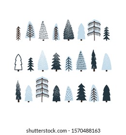 Set of 24 winter hand drawn fir trees, spruce, conifer with snow, isolated on dark blue background. Vector stock illustration, elements for design of cards, labels, packaging, fabric.