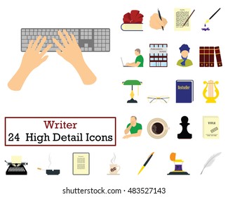 Set of 24 Writer Icons. Flat color design. Vector illustration.