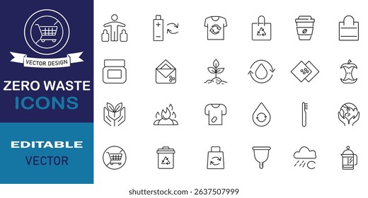 Set of 24 zero waste icons. Collection of eco, including recycling, pollution, landfill, waste management, composting, trash and more outline symbol. Editable vector illustration. eps 10