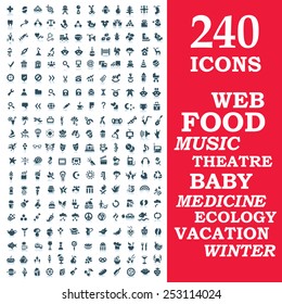 Set of 240 stylish icons : web, food, music, theater, baby, medicine, ecology, vacation, winter