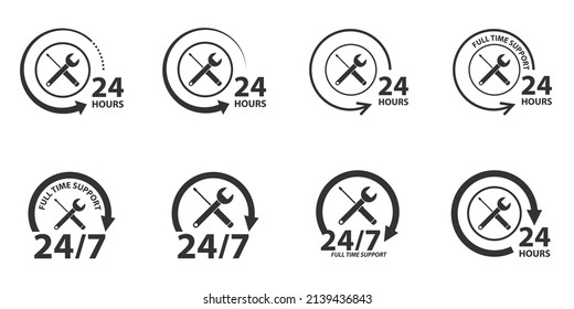 Set of 247 Car Service Logo with screwdriver and wrench. Full time support icon. Flat vector illustration.
