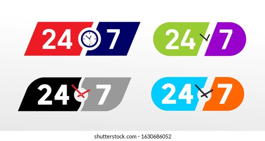 Set of 24-7 service concept. 24-7 open concept. Vector illustration. Isolated on white background.