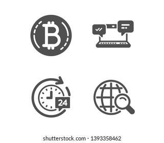 Set of 24h delivery, Internet chat and Bitcoin icons. Internet search sign. Stopwatch, Online communication, Cryptocurrency coin. Web finder.  Classic design 24h delivery icon. Flat design. Vector