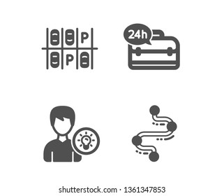 Set of 24h service, Parking place and Person idea icons. Timeline sign. Support, Transport, Lamp energy. Journey path.  Classic design 24h service icon. Flat design. Vector