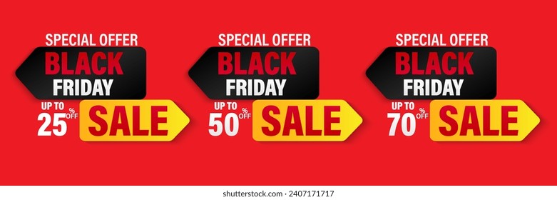 set 25%, 50%, 70% de descuento para banner Black Friday. Diseño moderno en tipografía negra, roja, blanca y amarilla. Plantilla para promoción, vector de publicidad