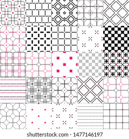 Set of 25 abstract fantasy geometric patterns. Seamless fantasy  black, white and red  wallpaper. Vector illustration. Artistic background with geometric shapes.