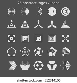 Set of 25 abstract logos icons composed of geometrical primitives. Design elements for wide range purposes. Interface design, business, media, entertainment, science graphics
