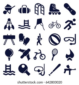  set of 25 activity filled icons such as child bicycle, construction, playground ladder, running, baseball player, tennis rocket, golf ball, sport bag