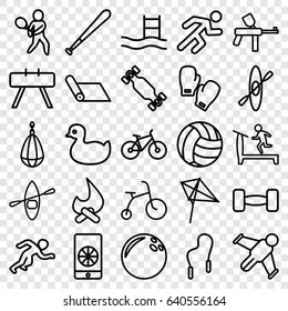 set of 25 activity outline icons such as duck, child bicycle, kite, treadmill, running, rowing boat, tennis playing, barbell, football on phone