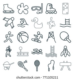Set of 25 activity outline icons such as beach ball, paintball, pool ladder, swimming man, shuttlecock, ping pong racket, ice skating, running, hang glider, baseball player