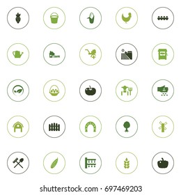 Set Of 25 Agricultural Icons Set.Collection Of Tray Of Eggs, Seed, Container And Other Elements.