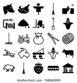 Set of 25 agriculture filled and outline icons such as chicken, corn, tractor, scarecrow, cow, barn, rake, water hose, strawberry, ground heap, cargo barn, landscape, hay, hog