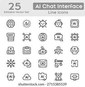 Conjunto de 25 Vectores de línea de interfaz de chat AI diseñados para interfaces de usuario conversacionales. Estilo de contorno limpio con un peso de trazo constante. Incluye Elementos relacionados con chatbots, asistentes virtuales, Instrucciones, mensajes, conversaciones e interacción con IA. Adecuado para App de Web, plataformas SaaS, paneles y productos digitales. Ilustración vectorial editable.