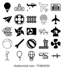 Set of 25 air filled and outline icons such as plane, beach ball, fan, luggage compartment in airplane, air conditioner, paper plane, air balloon, rocket bomb, military plane