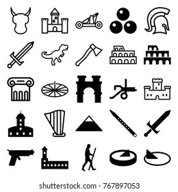 Set of 25 ancient filled and outline icons such as castle, coliseum, pyramid, arch, musical pipe, caveman, sundial, sword, canon ball, cannon, gun, greek column, helmet, harp