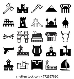 Set of 25 ancient filled and outline icons such as castle, mosque, coliseum, pyramid, harp, sailboat, arrow bow, gun, helmet, axe weapon, greek column, chest