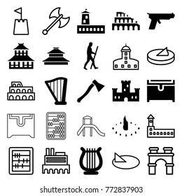 Set of 25 ancient filled and outline icons such as castle, temple, chest, harp, caveman, sundial, axe weapon, gun, coliseum, arch, abacus
