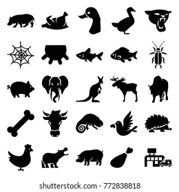 Set of 25 animal filled icons such as udder, chicken, pig, moose, fish, panther, chameleon, buffalo, hippopotamus, elephant, goose, meat leg, bone, love bird, hospital, cow