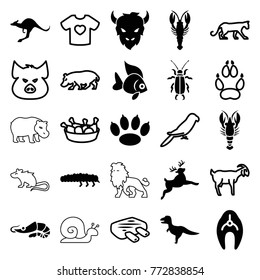 Set of 25 animal filled and outline icons such as fish, crab, kangaroo, paw, dinosaur, caterpillar, pig, panther, parrot, goat, hippopotamus, animal paw, chicken leg