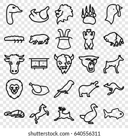 set of 25 animal outline icons such as animal paw, cow, lion, alligator, hippopotamus, dog, bear, buffalo, panther, parrot, deer, cangaroo, goat, goose