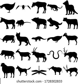 Set of 25 animals. Chicken, Crow, Moose, Cougar, Dog, Donkey, Rat, Pig, Cow, Bull, Fox, Otter, Duck, Goat, Boar, Antelope, Snake, Deer, Dragonfly, Elephant.