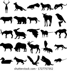 Set of 25 animals. Deer, Wolf, Raven, Leopard, Cheetah, Bull, Polar bear, Cougar, Bird, Rabbit, Mouse, Elk, Capybara, Buffalo, Elk, Bee, Fox, Duck, Dog, Goshawk, Cat.