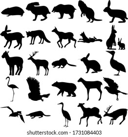 Set of 25 animals. Hamster, Fox, Hare, Little Goat, Beaver, Rabbit, Pelican, Flamingo, Owl, Bear, Elk, Goshawk, Crow, Platypus, Stork, Deer.