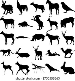 Set of 25 animals. Hare, Cock, Cow, Horse, Sparrow, Goat, Beaver, Gazelle, Pig, Crocodile, Rhino, Antelope, Cheetah, Deer, Fox, Camels, Doe, Elk, Mantis, Parrot, Rabbit.