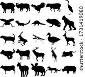 Set of 25 animals. Includes Ram, Rooster, Stork, Housefly, Marten, Pangolin, Anuran, Gorilla, Prairie dog, Mantis, Duck, Deer, Kitten, Cow, Little Sheep, Rabbit, Fox, Rhino.