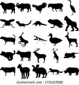 Set of 25 animals. Includes Ram, Rooster, Stork, Housefly, Marten, Pangolin, Anuran, Gorilla, Prairie dog, Mantis, Duck, Deer, Kitten, Cow, Little Sheep, Rabbit, Fox, Rhino.